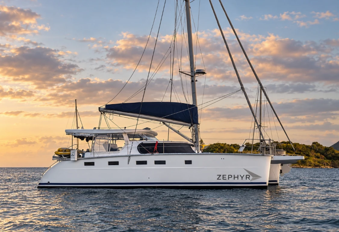 Zephyr at anchor on calm water, with her name visible on the hull