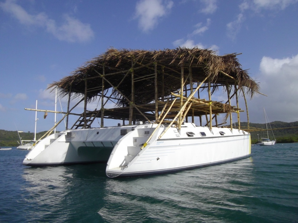 Catamaran with a thatched roof